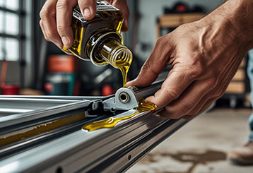 Technician lubricating a garage door track as part of expert maintenance service in Flushing, NY.