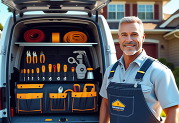 Flushing, NY garage door technician with a fully equipped service van ready for residential repairs.