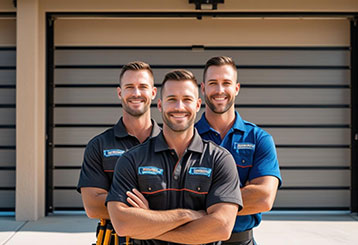 Team of expert garage door service technicians standing in front of modern garage doors in Flushing, NY.