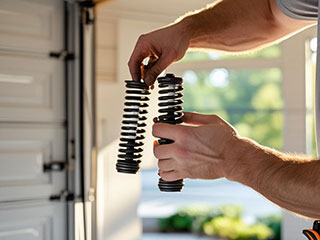 Technician holding a broken and new garage door spring, ready for professional replacement in Flushing, NY.