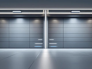 Modern Smart Garage Doors 2025 State-of-the-art garage doors with LED indicators and smart features installed in a Flushing, NY home garage.