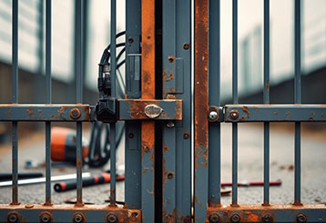 Rusty residential gate being repaired by a technician in Flushing, NY, showing maintenance tools and expertise.