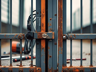 Rusty residential gate being repaired by a technician in Flushing, NY, showing maintenance tools and expertise.