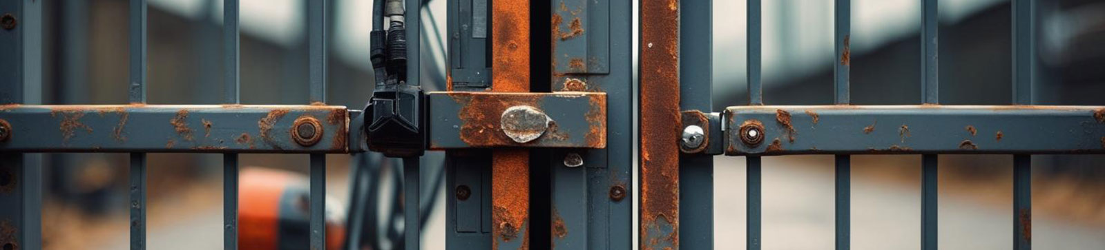 Rusty residential gate being repaired by a technician in Flushing, NY, showing maintenance tools and expertise.