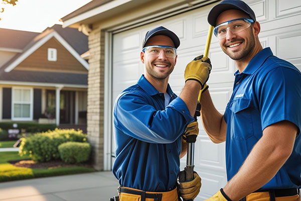 Garage door technicians installing a new white overhead garage door at a home in Flushing, NY.