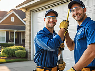 New Garage Door Installation Flushing NY Garage door technicians installing a new white overhead garage door at a home in Flushing, NY.